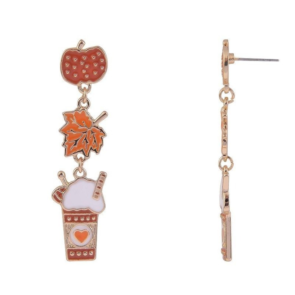 Fall Pumpkin Maple Leaf Coffee Cup Drop Earrings Orange Gold Tone One Size